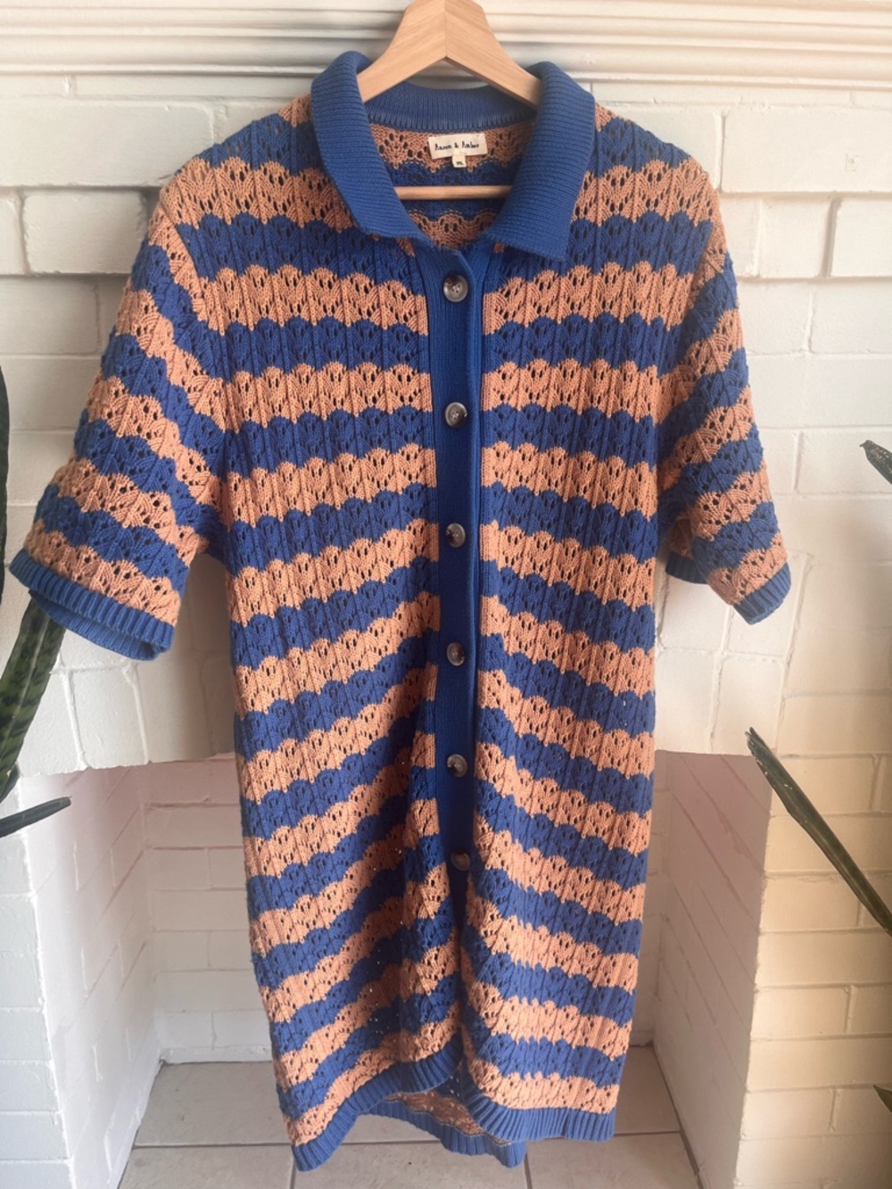 Blue and Peach Striped Crochet Button-Up Dress - Aaron & Amber - Picture 3 of 6